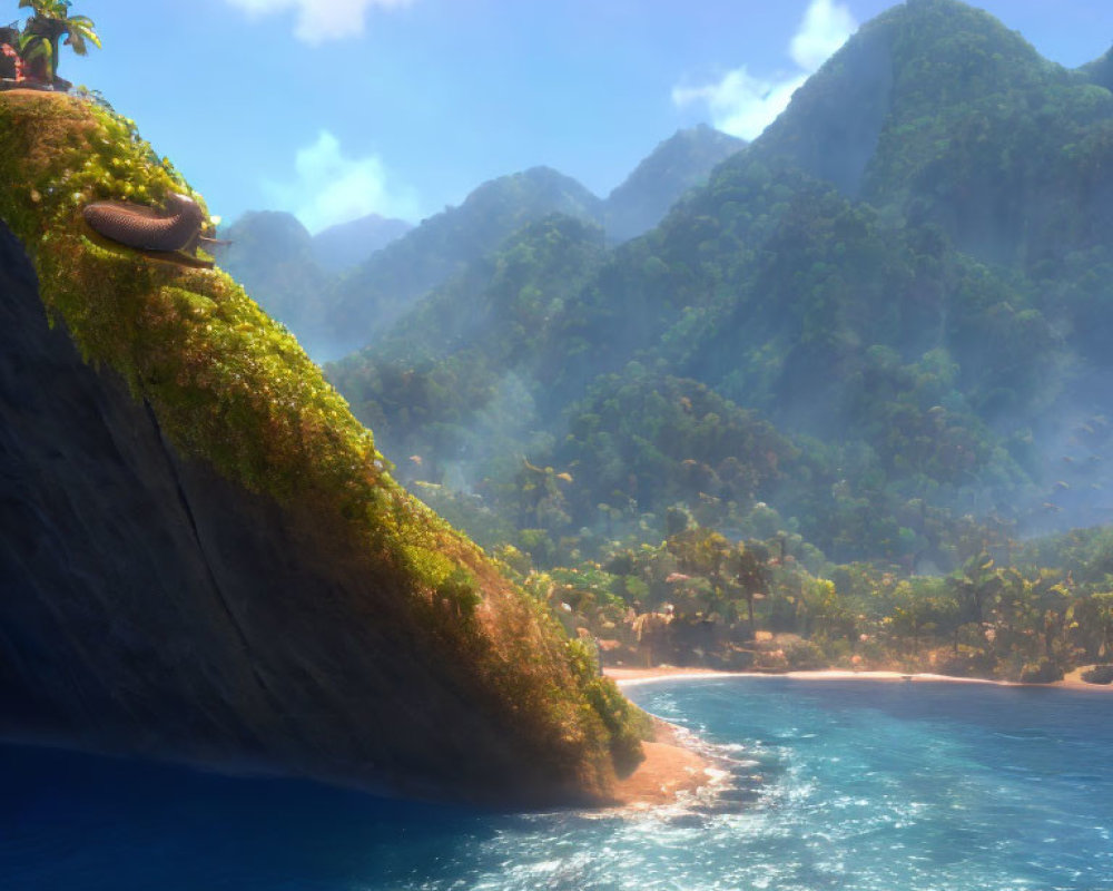 Tropical cliff overlooking serene beach and mountains