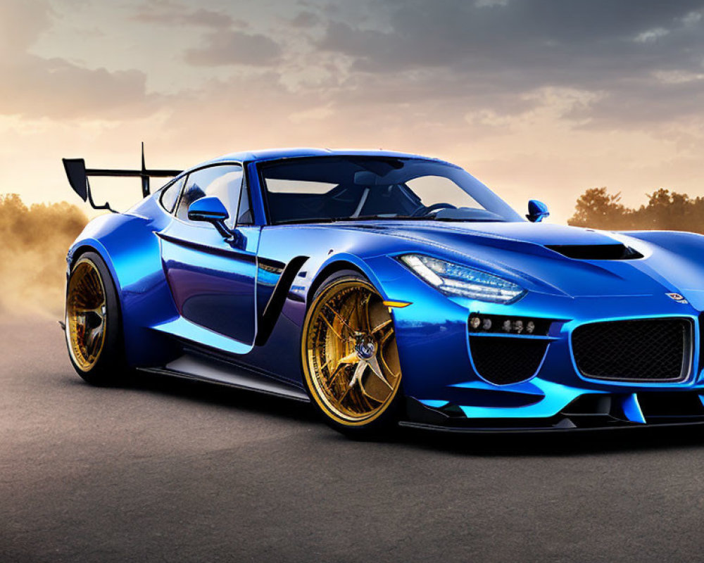 Blue Sports Car with Black Accents and Gold Wheels on Road at Sunset