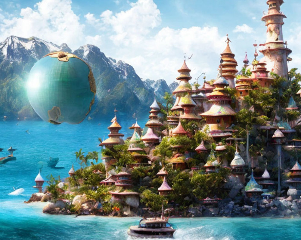 Pagoda-style coastal city with mountains, ship, and floating orb.