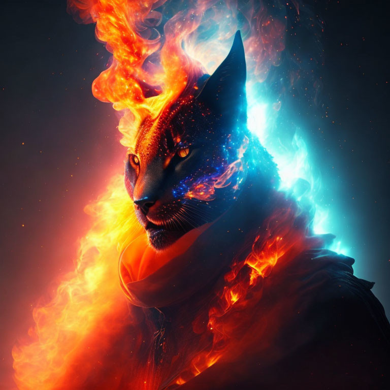 Digital artwork: Cat engulfed in flames and blue energy on dark background