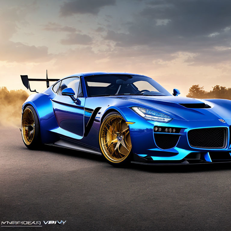 Blue Sports Car with Black Accents and Gold Wheels on Road at Sunset