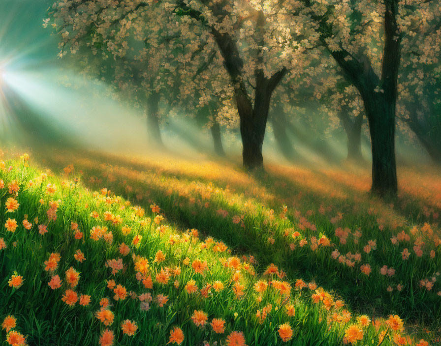 Blossom-filled orchard with sunlight and vibrant orange flowers