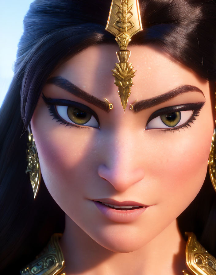 Detailed 3D-animated female character with dark hair and golden jewelry