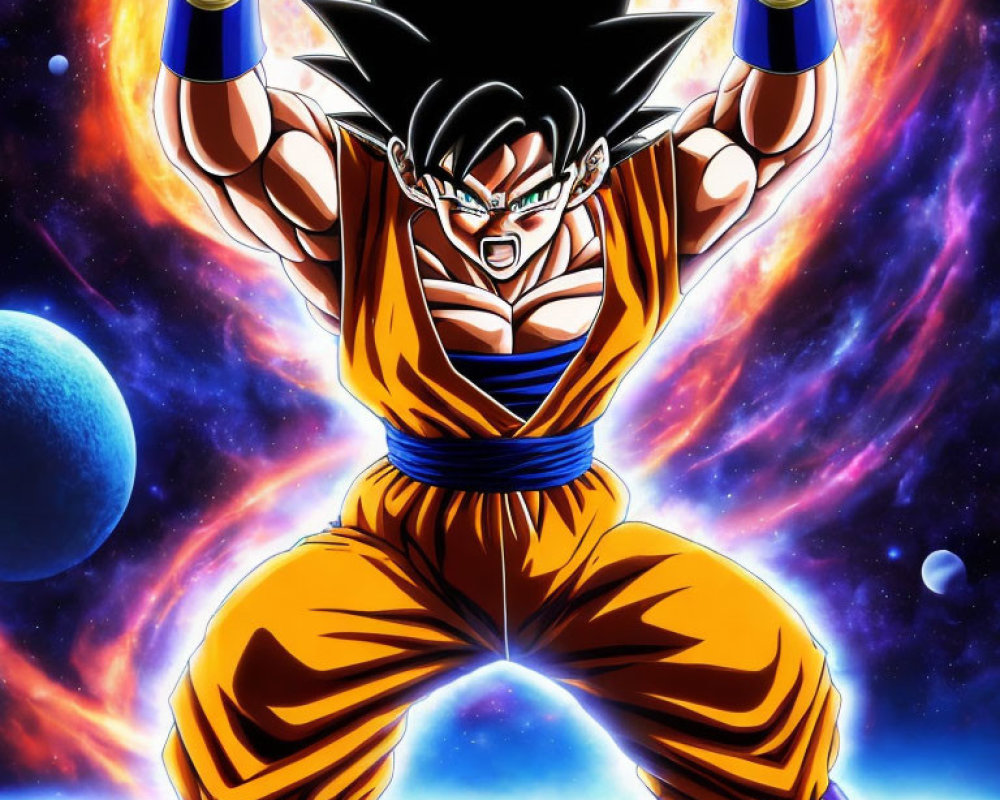 Spiky Black-Haired Animated Character in Orange and Blue Outfit against Cosmic Background