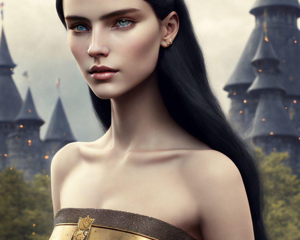 Regal figure with blue eyes, black hair, golden crown, castle spires