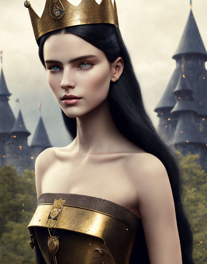 Regal figure with blue eyes, black hair, golden crown, castle spires