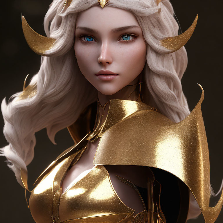 Portrait of female character with pale skin, blue eyes, white wavy hair, gold armor, and