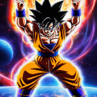 Spiky Black-Haired Animated Character in Orange and Blue Outfit against Cosmic Background