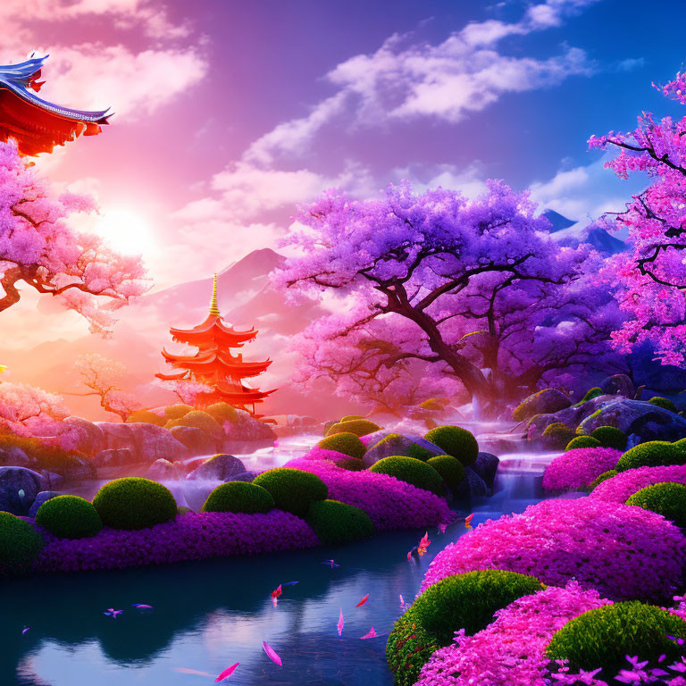 Serene sunset scene with cherry blossoms, pagoda, pond.