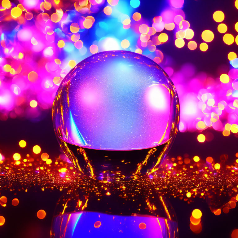 Crystal ball on reflective surface with vibrant bokeh lights in purple, blue, and gold spectrum