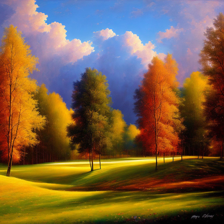Colorful Landscape Painting of Serene Park with Dramatic Sky