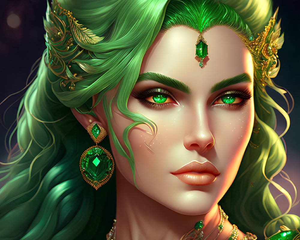 Emerald Green Hair Woman with Gold and Green Gemstone Jewelry