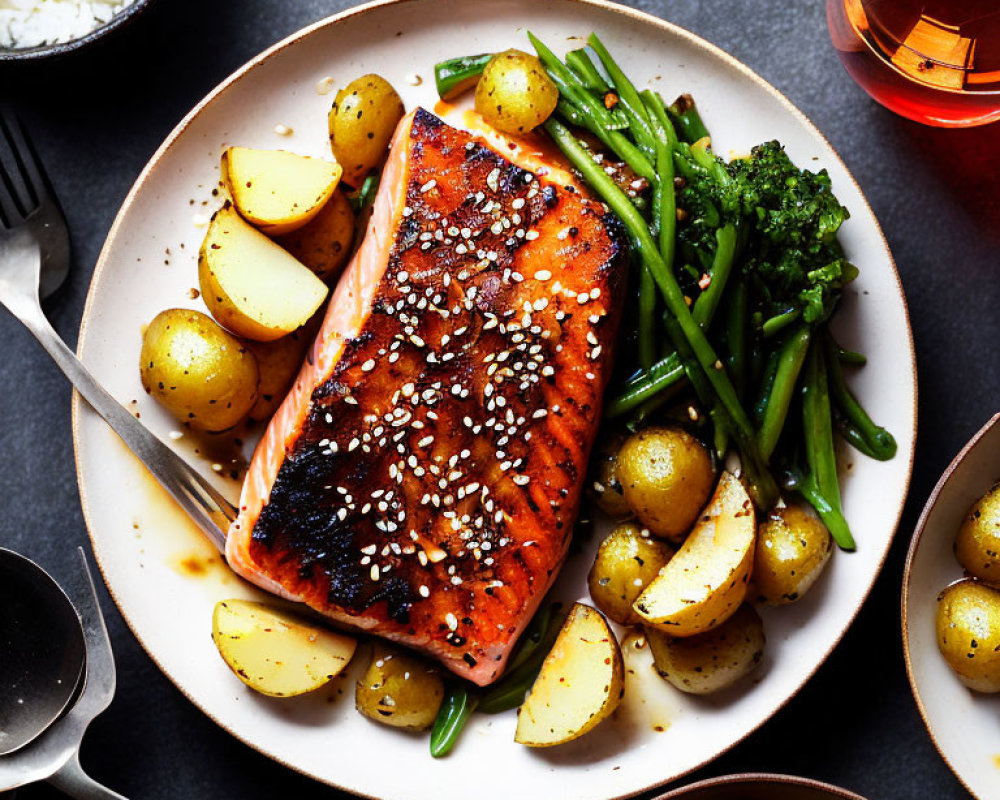 Grilled Salmon Plate with Sesame Seeds and Mixed Sides Displayed