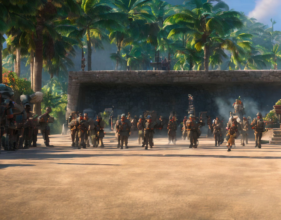 Soldiers in armor marching out of stone fortress in tropical setting