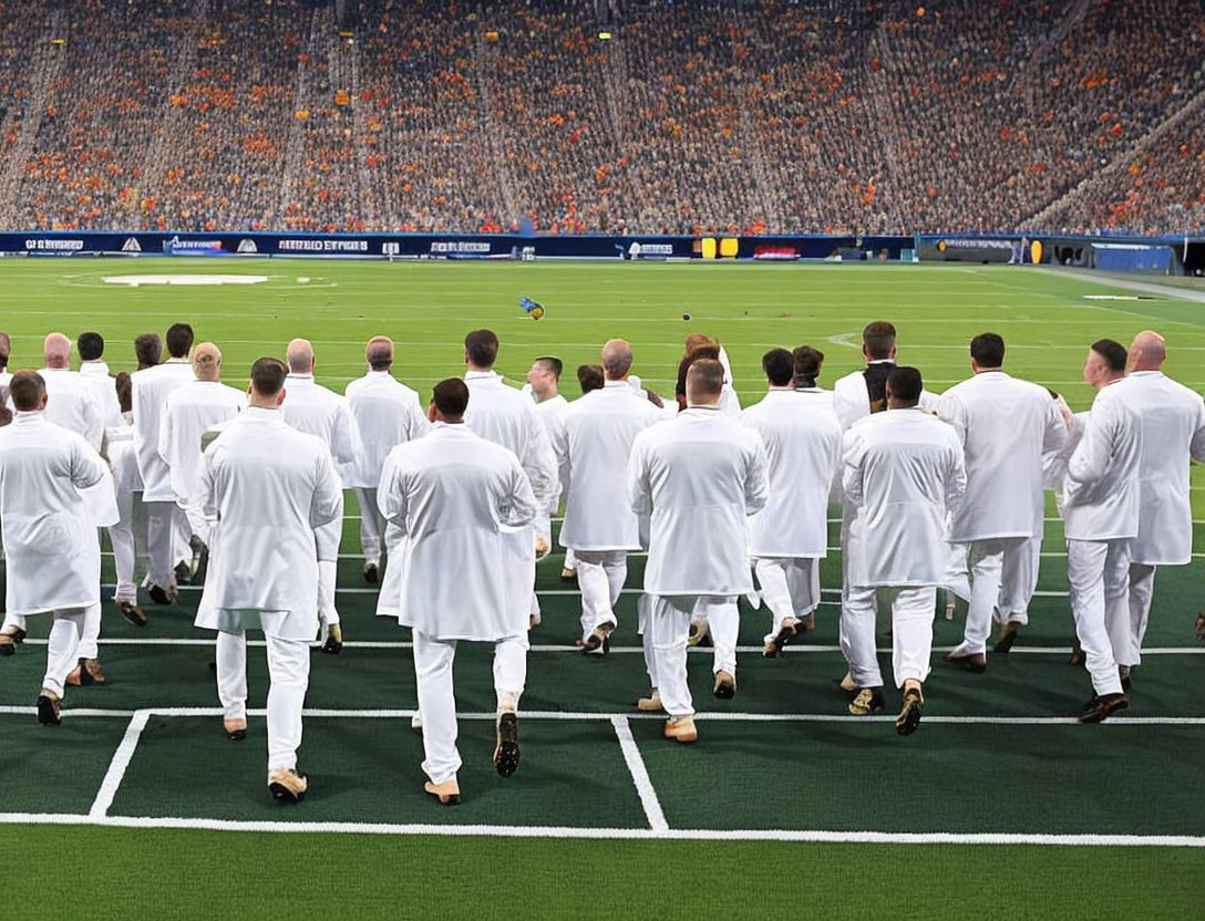 Group of Individuals in White Attire Walking on Sports Field