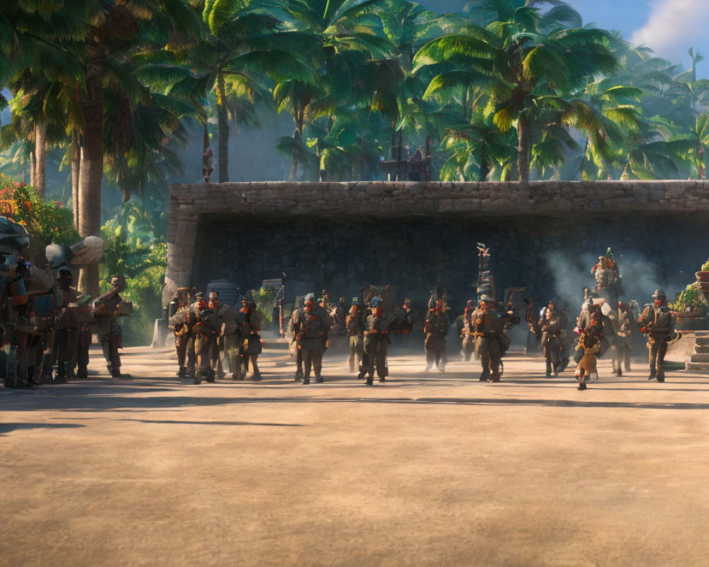 Soldiers in armor marching out of stone fortress in tropical setting