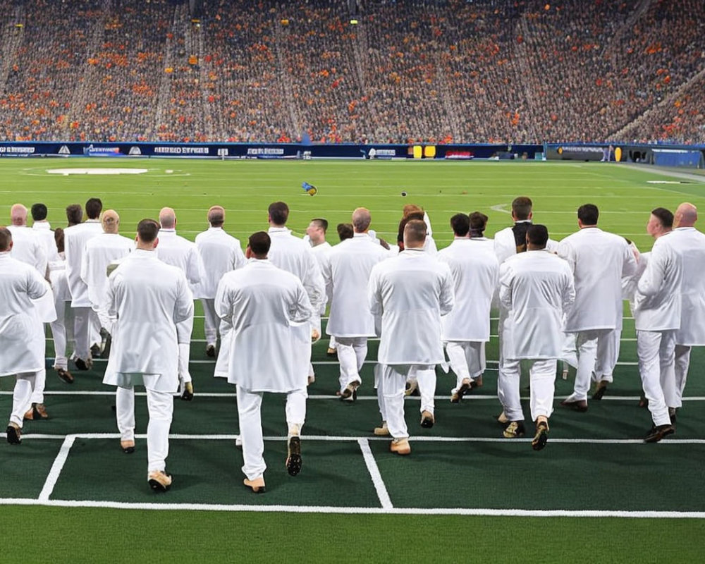 Group of Individuals in White Attire Walking on Sports Field