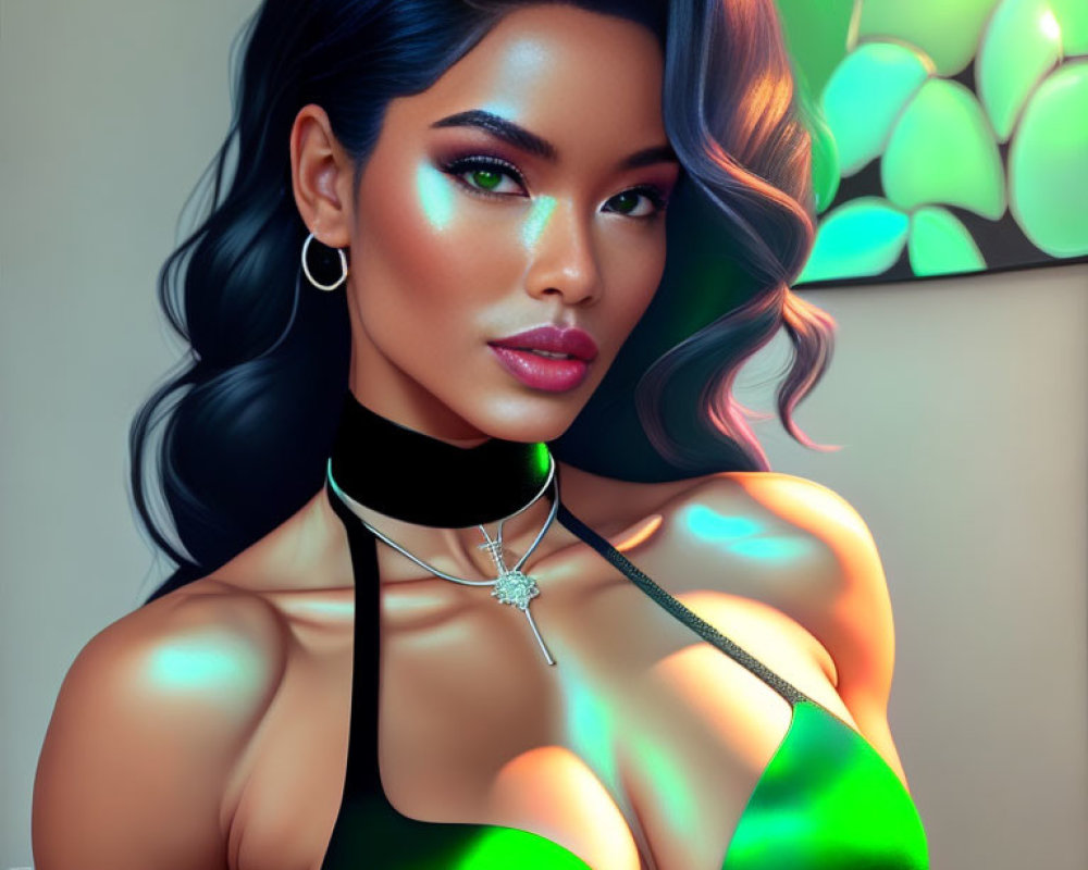 Digital artwork featuring woman in shiny green outfit with choker and star pendant