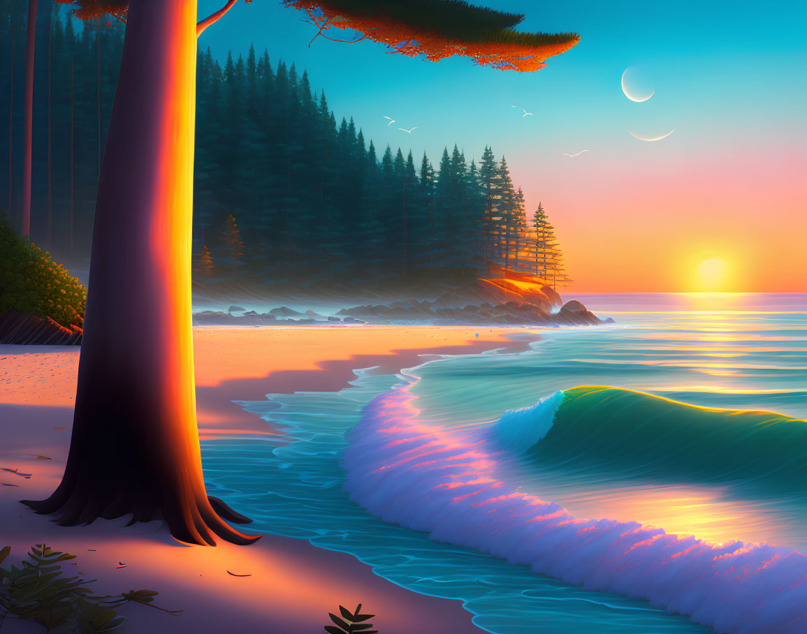 Scenic beach sunset with crescent moon, waves, forest, and birds