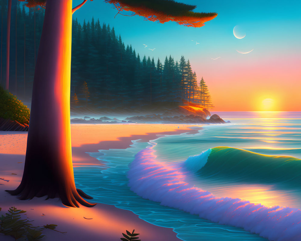 Scenic beach sunset with crescent moon, waves, forest, and birds