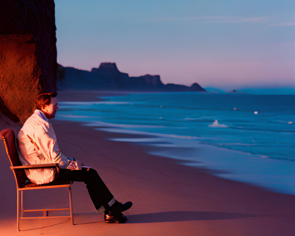 Tranquil beach scene at dusk with person on chair, rocky cliff, and calm ocean waters.