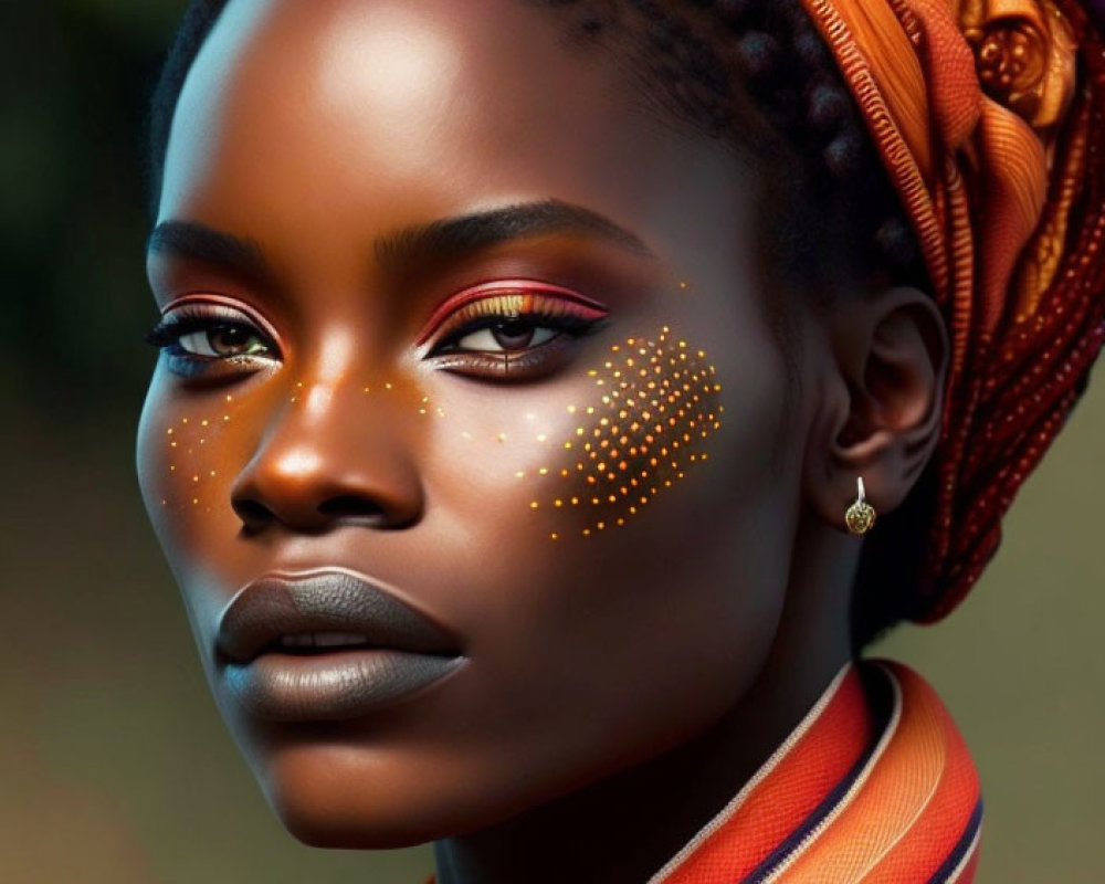 Portrait of Woman with Orange and Purple Makeup, Gold Highlighter, and Orange Headwrap