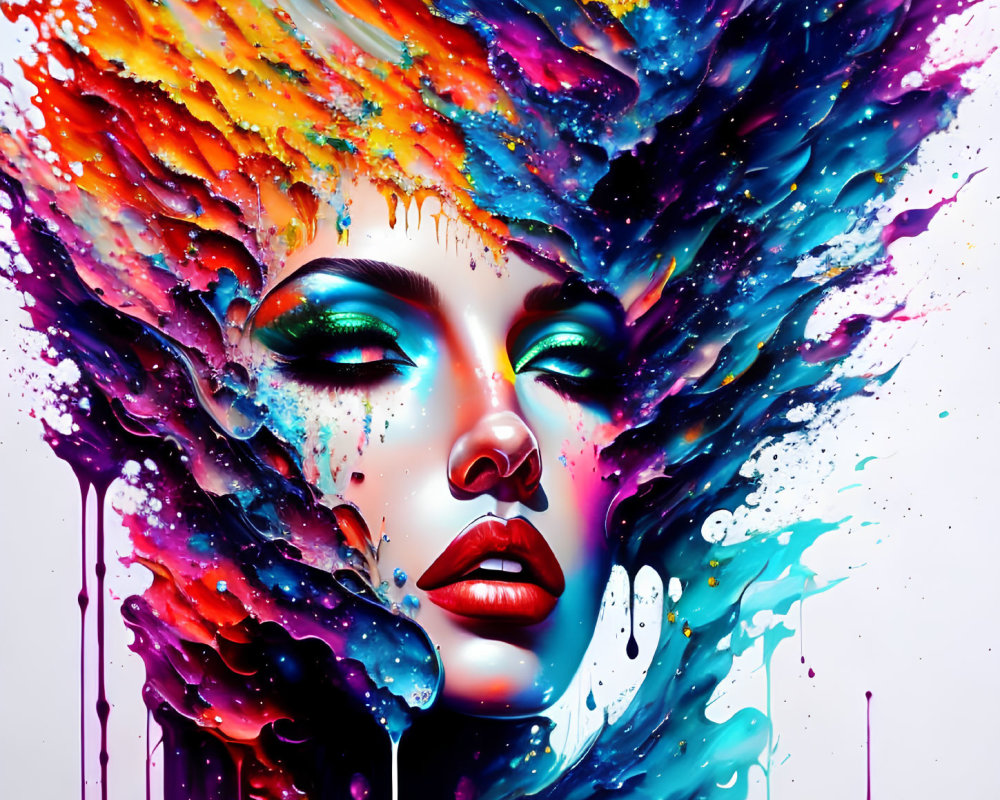 Colorful artwork of a woman with vibrant, splashed paint mane