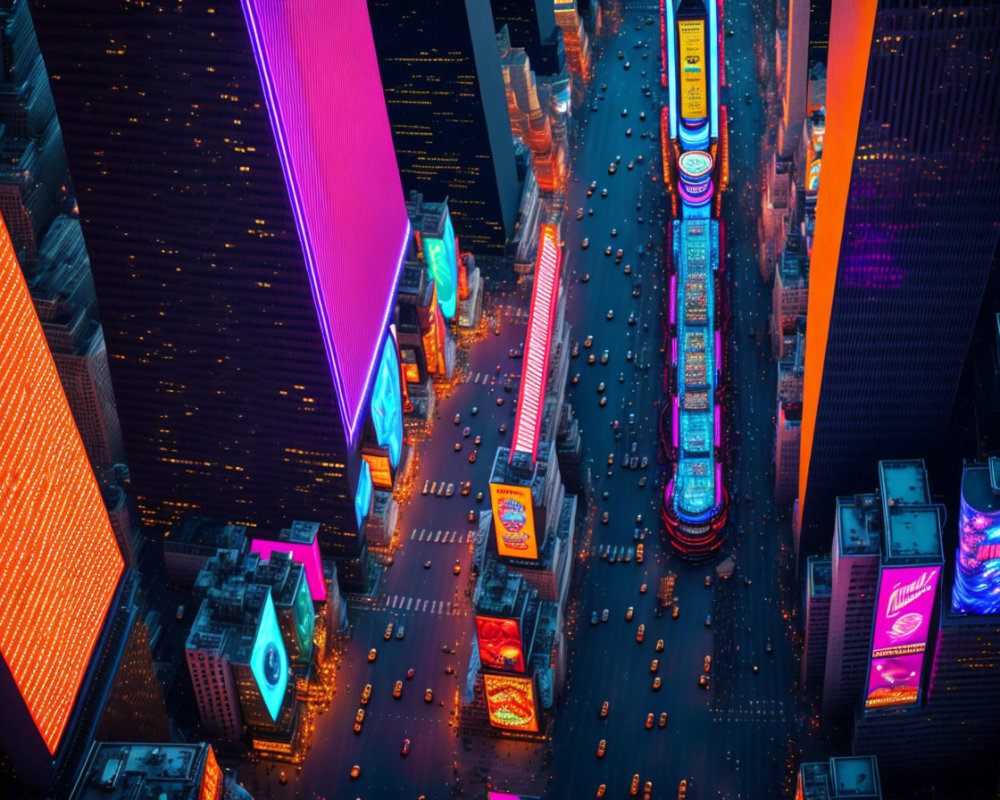 Vibrant Times Square at Night with Neon Billboards
