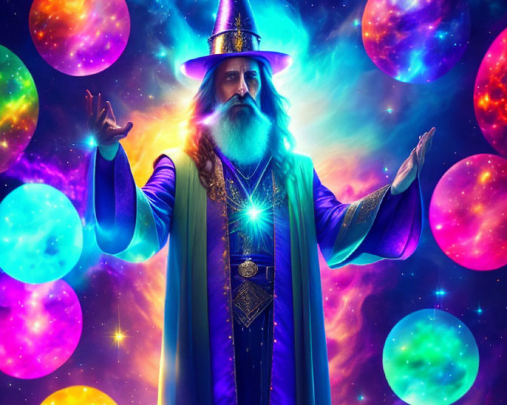 Majestic wizard in starry cosmos with floating orbs and spell conjuring