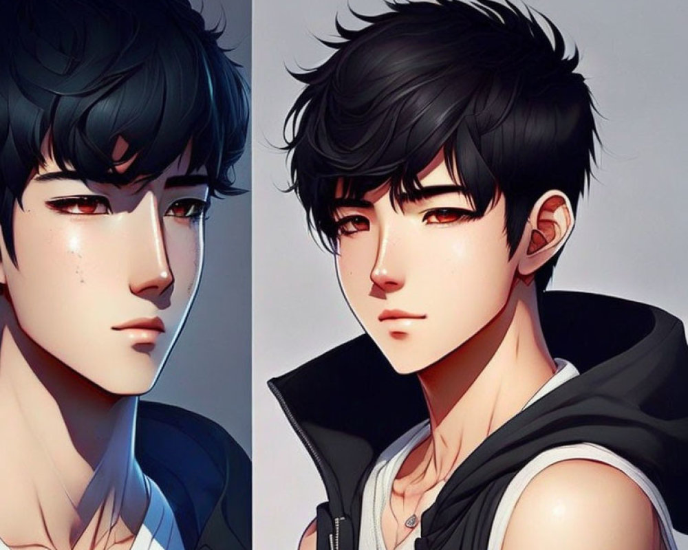 Animated character with black hair, teary eyes, wearing black vest over white shirt