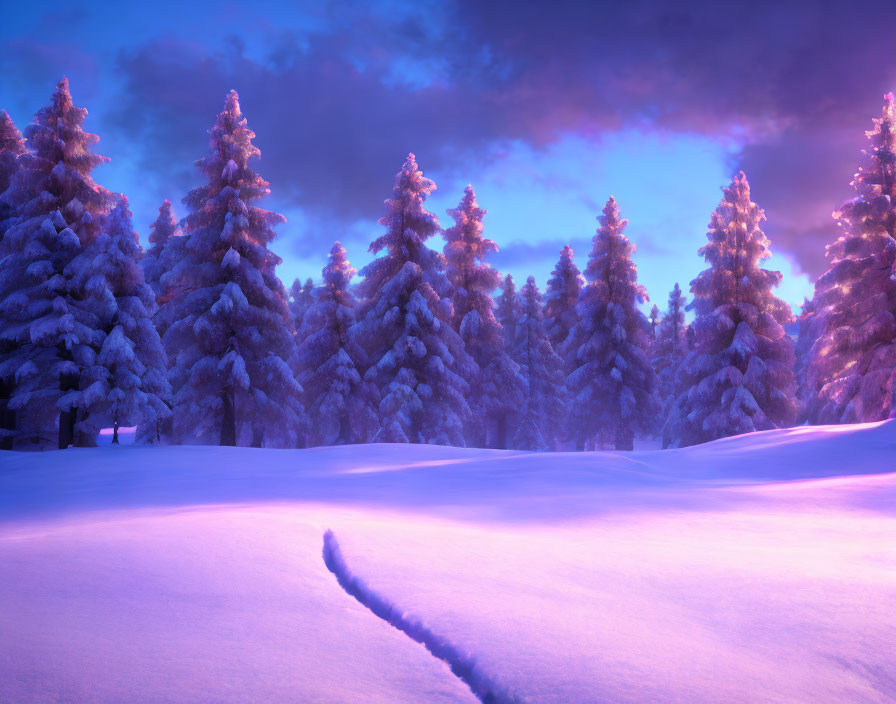 Snow-covered pine trees in serene winter dusk with footprints under purple and orange sky