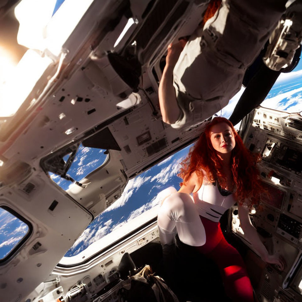 Astronaut floating in spacecraft with Earth view and sun glow