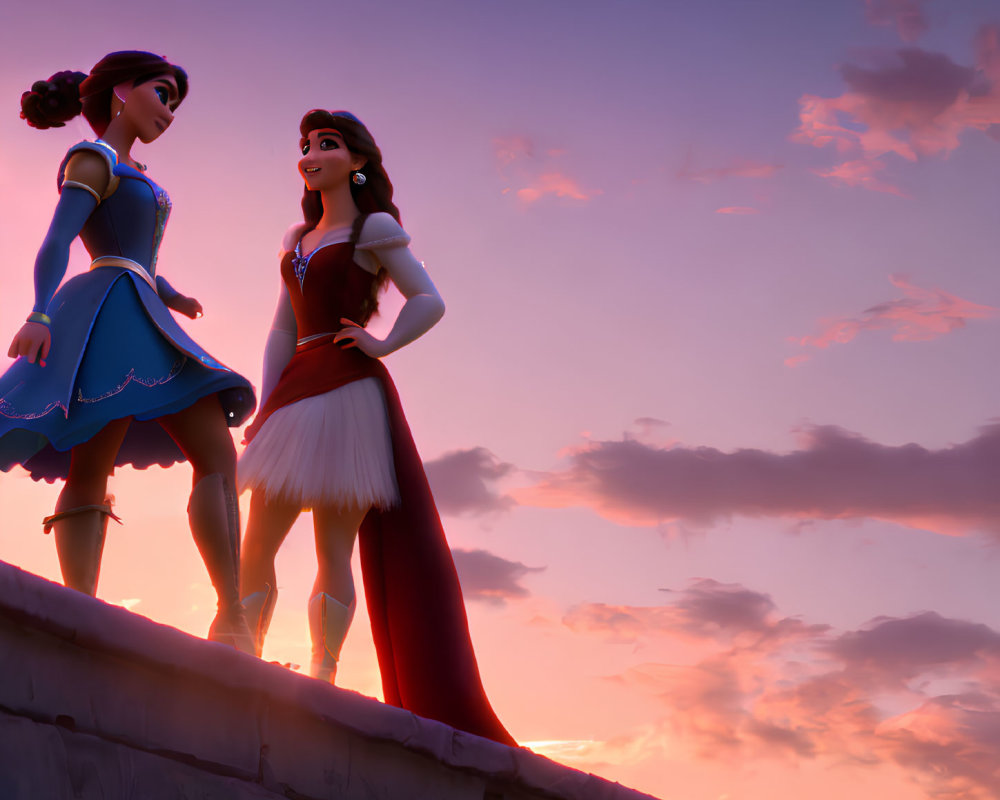 Animated female characters on bridge at sunset in vibrant sky