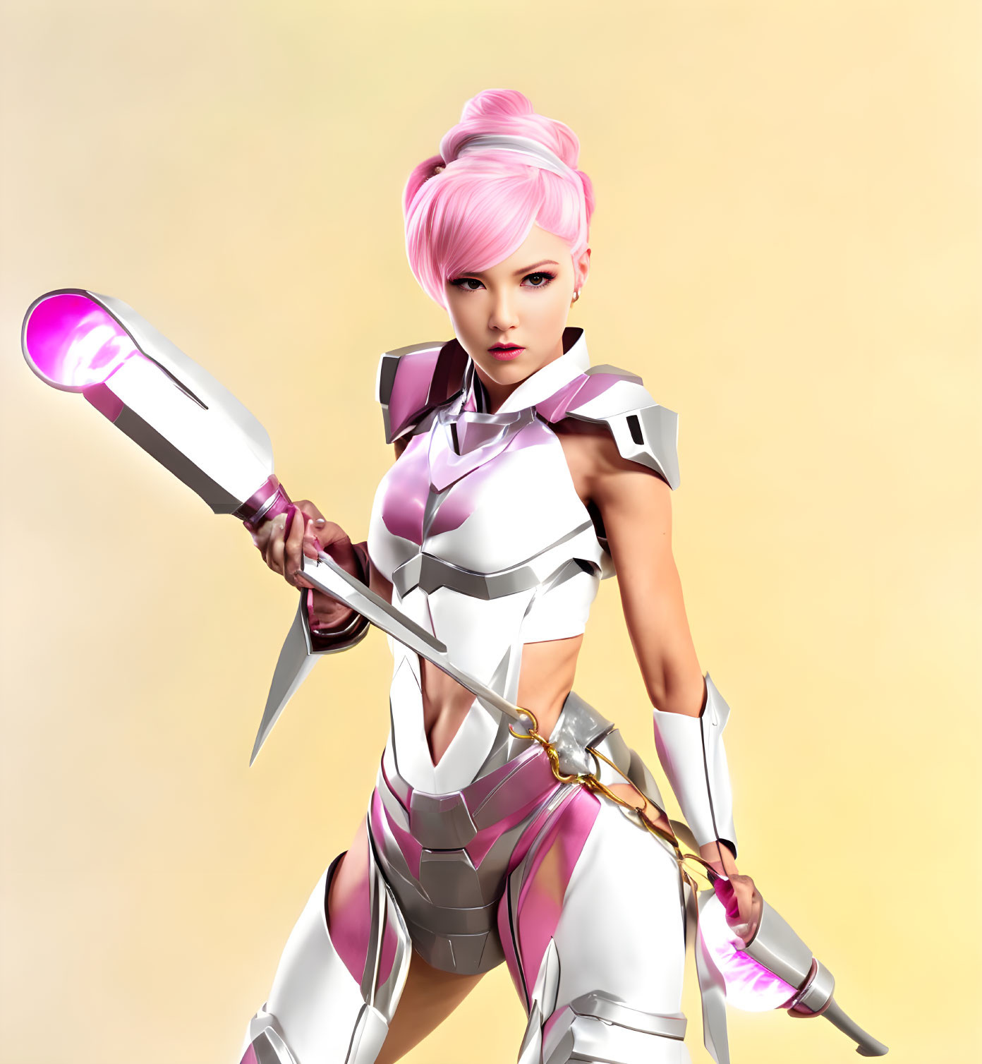 Digital illustration of female character in pink hair, futuristic white armor, wielding glowing spear