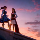 Animated female characters on bridge at sunset in vibrant sky