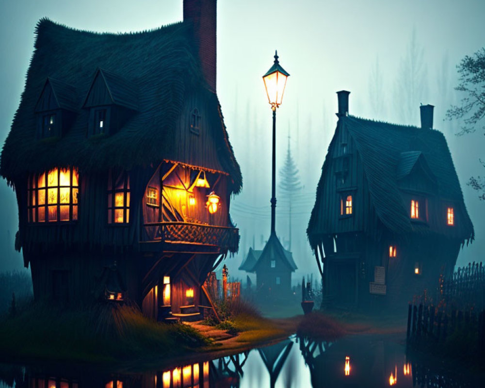 Mystical foggy scene with illuminated houses and glowing street lamp
