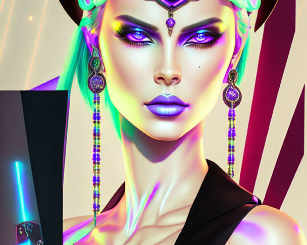 Colorful Cyberpunk Style Woman Illustration with Neon Accents