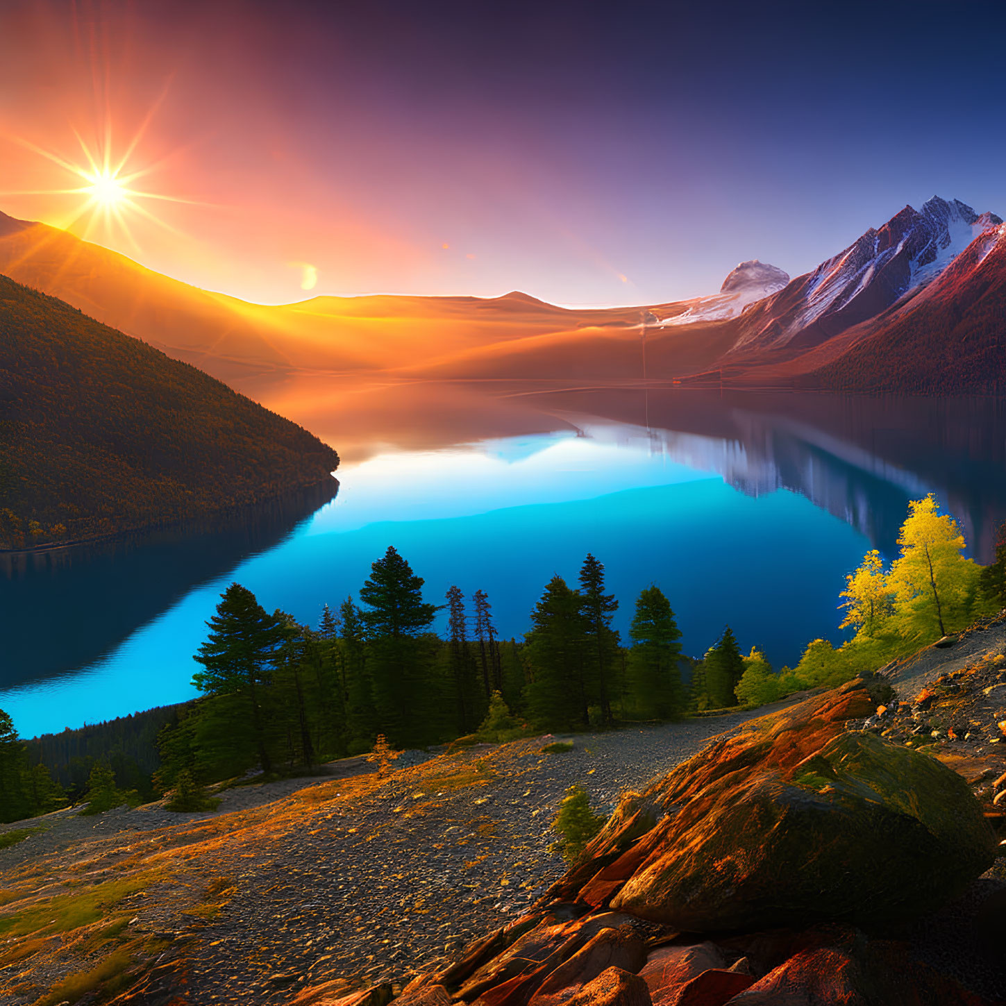 Scenic mountain lake sunset with autumn foliage and starburst sky