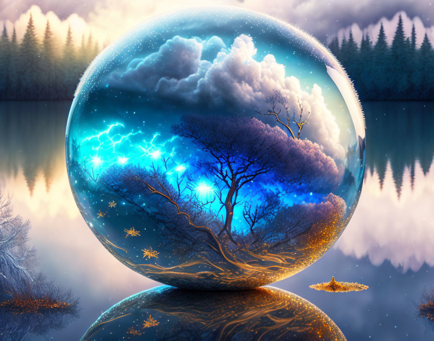 Fantastical sphere reflecting tree under starry sky with lightning, lakeside at twilight