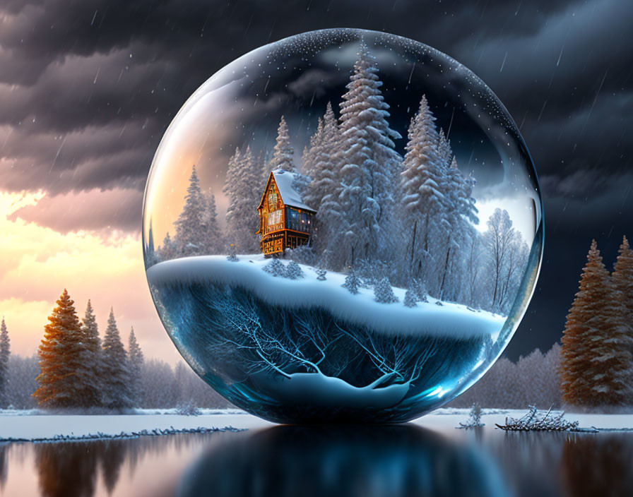 Snow-covered cabin in transparent sphere with winter forest backdrop and sunset reflections on tranquil lake