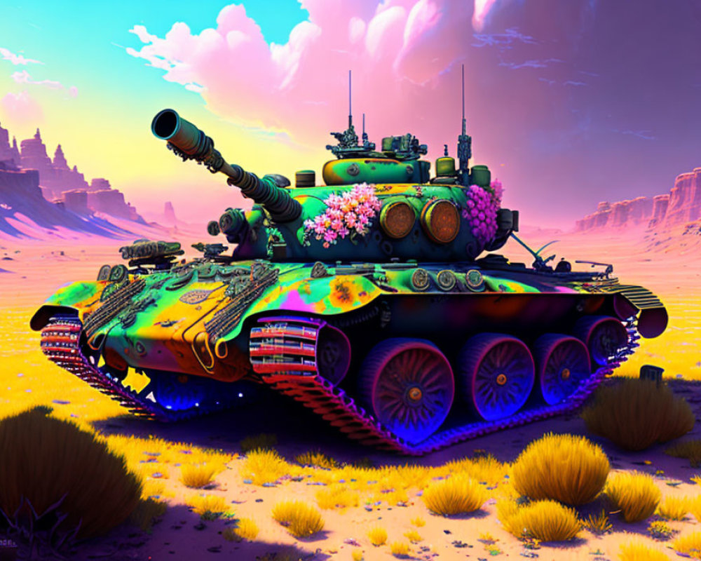 Colorful Decorated Tank in Surreal Desert Landscape