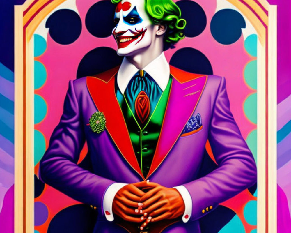 Vibrant Joker character illustration in purple suit and clown makeup