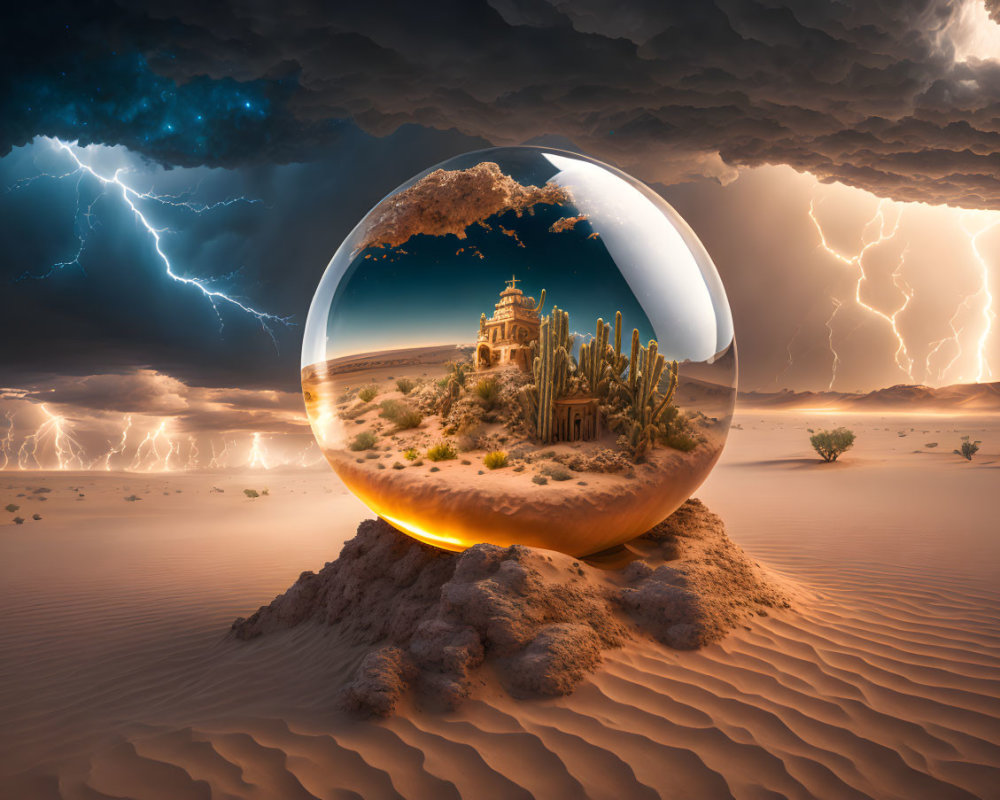Surreal landscape with sandstorm, lightning, glass sphere, oasis, building, cacti