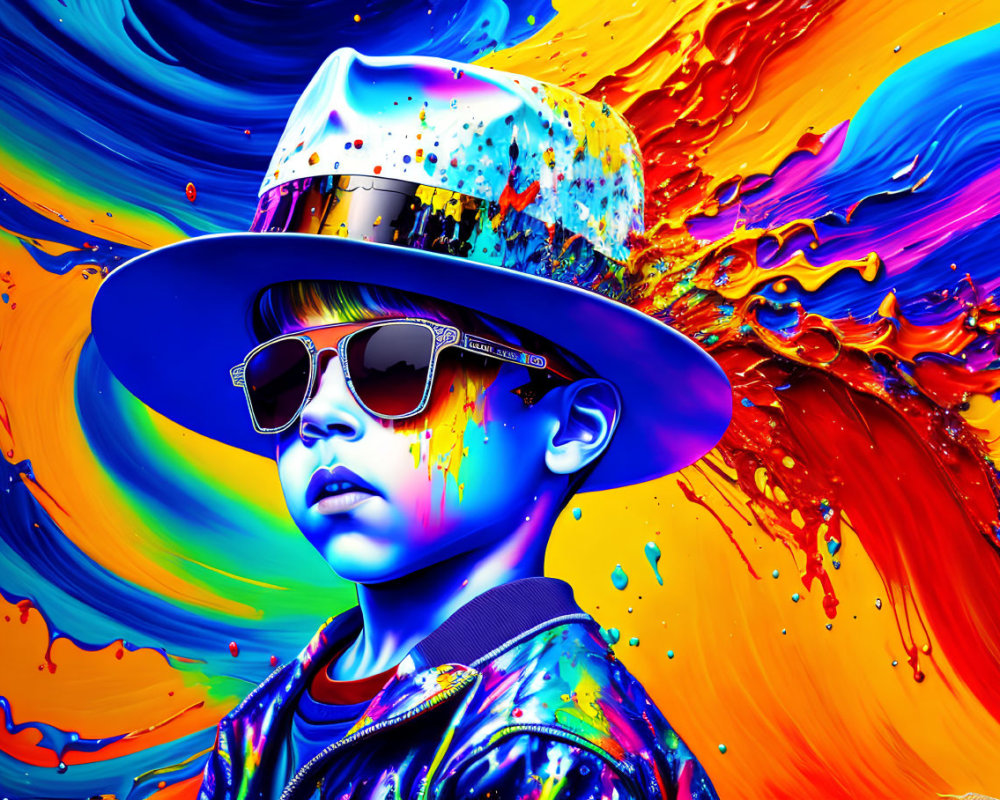 Child in Sunglasses and Colorful Hat Surrounded by Vibrant Neon Liquid Art
