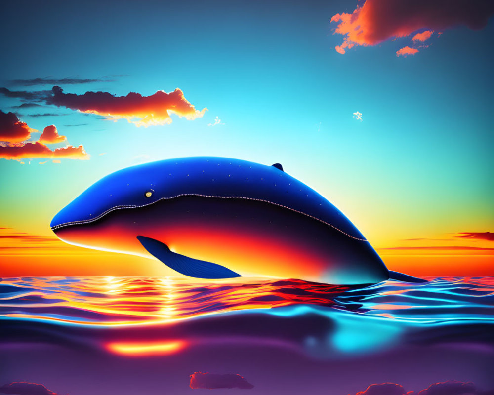 Whale leaping from colorful ocean with starry night sky texture