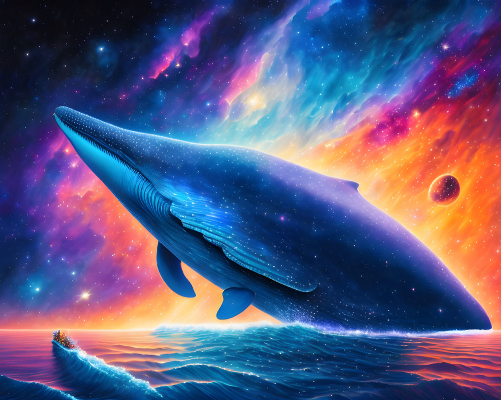 Large whale floating above ocean under vibrant nebula sky with distant planet and stars