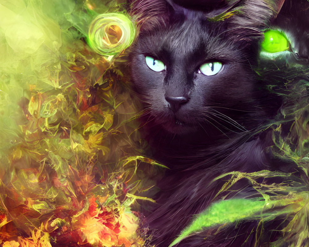 Black Cat with Blue Eyes Surrounded by Ethereal Green and Orange Elements