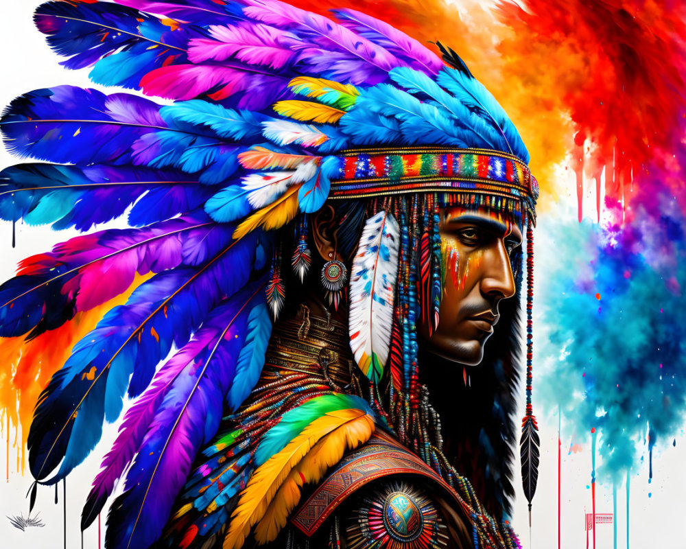 Colorful Native American chief digital art with feather headdress and face paint against ink backdrop