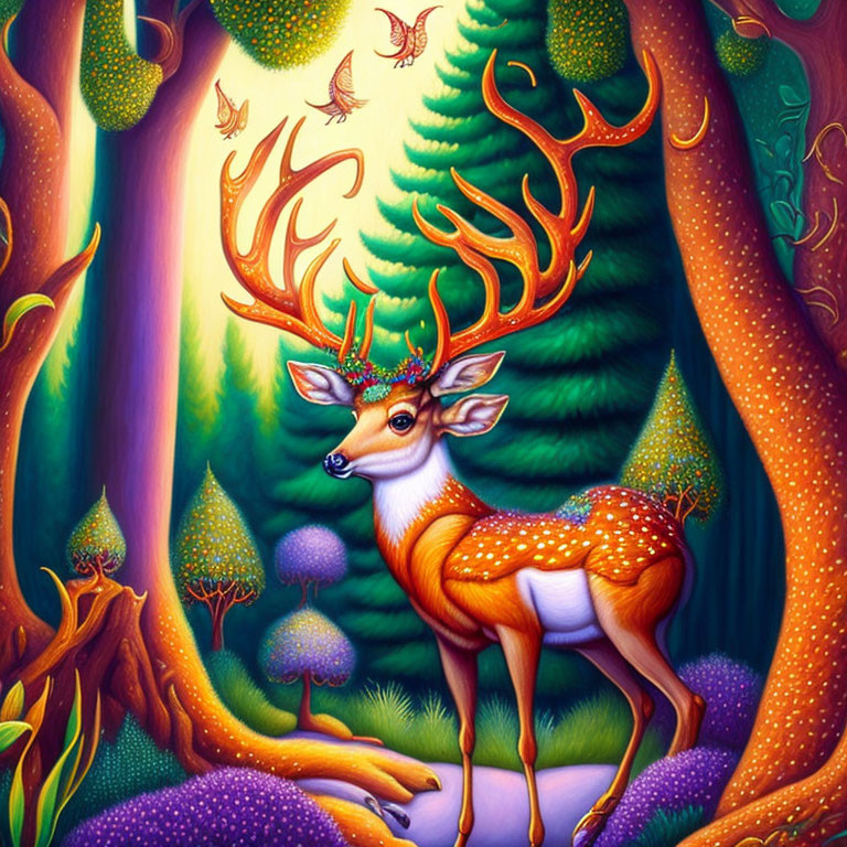 Majestic deer with antlers in enchanted forest with butterflies and mushrooms