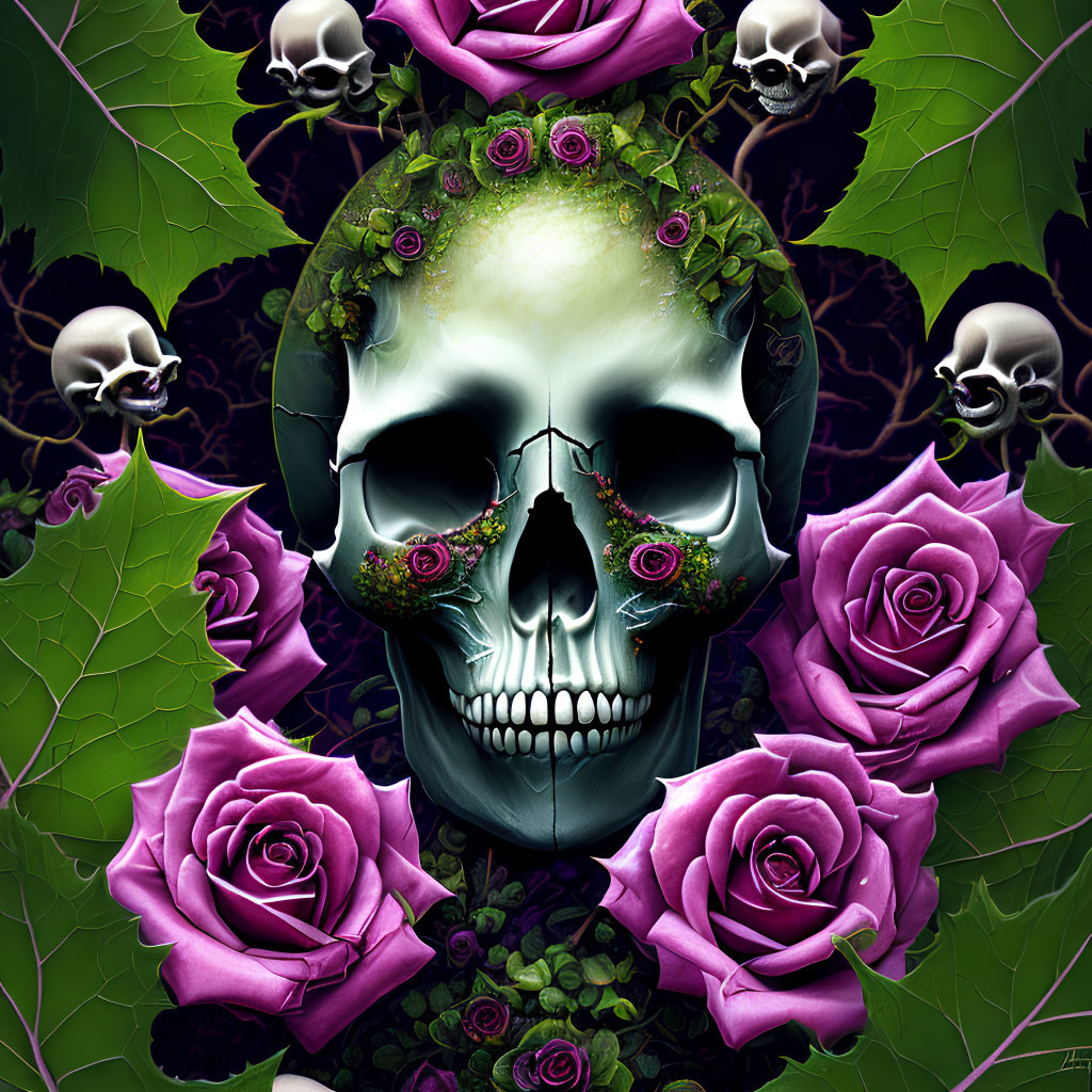 Skull with roses and smaller skulls on dark background